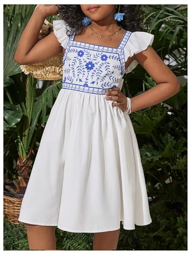 Floerns Girl's Ruffle Sleeve Bowknot Backless A Line Dress Square Neck Beach Dresses3