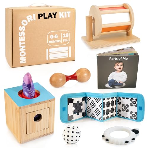 Image of WOODMAM Montessori Toys for Babies 0-6 Months, 8 in 1 Learning Educational Sensory Toys for Newborn 0-3-6 Months, Includes Tissue Box, High Contrast Baby Toys, Spinning Drum, Teether and More