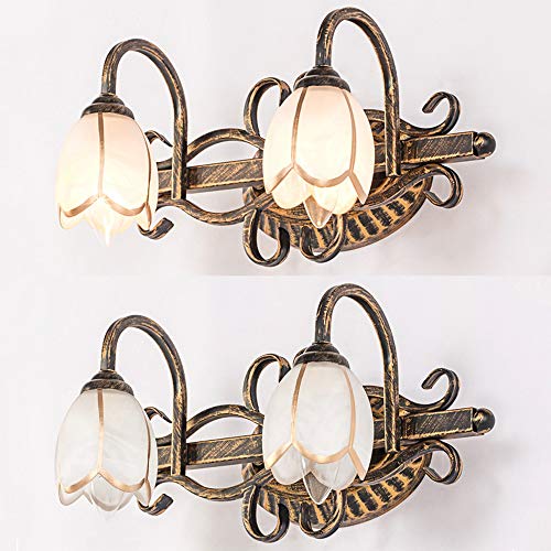 Image of LITFAD LED Wall Sconce Lighting Lotus Shade Bathroom Vanity Light Metal 2 Lights Vintage Style Rust-Proof Wall Light in Bronze for Bedroom Dresser