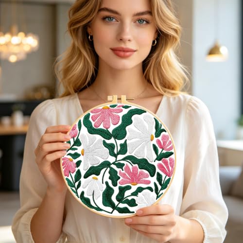 Image of INFUNLY 6Pcs Vintage Floral Embroidery Kit 12 Inch Round Wild Daisy Flower Embroidery Kits with Hoop Floss Needle for Botanical Decor Matisse Art Lovers DIY Gift