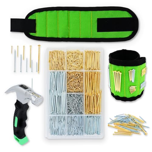 Image of 1002pcs Hardware Nails Assortment Kit, Nails for Hanging Pictures, Small Wall Nails for Hanging, Finishing Nails, Common Wood Nails, Mini 8oz Claw Hammer and Nails Set with Magnetic Wristband