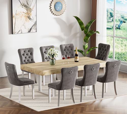 Image of Oak Dining Room Table Set for 8, 9-Piece 63 inch-78.74 inch Extendable Dining Table Set with 8 Upholstered Chairs, Rectangle Wooden Expanding Kitchen Table and Grey Chairs Set