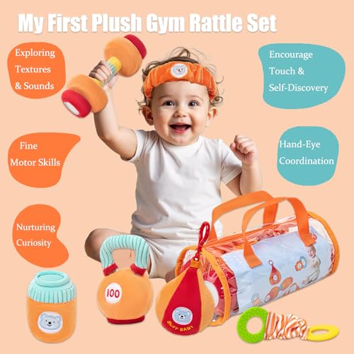 Gdbykds Jouet Bebe Gym Peluche 6 Pièces, 0-12 Mois Bébé Jouets - Jeu Montessori avec Haltère/Sac à Main/Sac De Sable/Bouilloire/Tendeur/Serre - Tête Sport Baby Gym, Hochet Bebe 3-6 Mois – Image 3