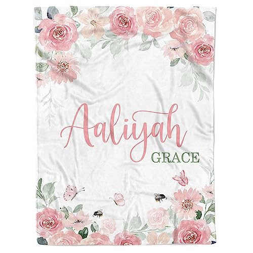 Arteaga Personalized Baby Blanket for Girls, Customized Floral Rose Blanket for Newborn, Super Soft Plush Fleece, 30''x40''