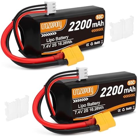 Crazepony 2S Lipo Battery 2200mAh 50C 7.4V Shorty Lipo Battery with XT60 Connector Soft Pack for 1/16 Slash RC Car RC Truck RC Helicopter Airplane Quadcopter Drone RC Boat Racing Models -2 Pack Cover