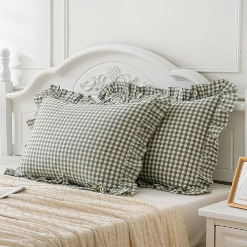 2 Pack Sage Green White Plaid Ruffle Pillow Shams Standard Size 20x26 inches, 100% Cotton Gingham Checkered Farmhouse Pillowcases for Bed/Sofa (20x26 inches, Sage Green/White Plaid)