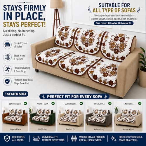 Image of Homerz Premium 'Surya Series' Sofa Cover | Stylish Sofa Protector | Net Fabric | Anti-Stain & Washable Slip Cover Exact Size Antislip (Daisy Brown, 5 (3+1+1) Seater, Seat Cover with Backrest)
