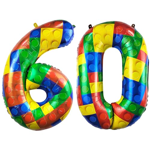 Image of 32 Inch Building Block Number 60 Balloons birthday Block Themed Large Big Helium Foil Mylar Balloon for Girls Boys Birthday Party Decoration Supplies