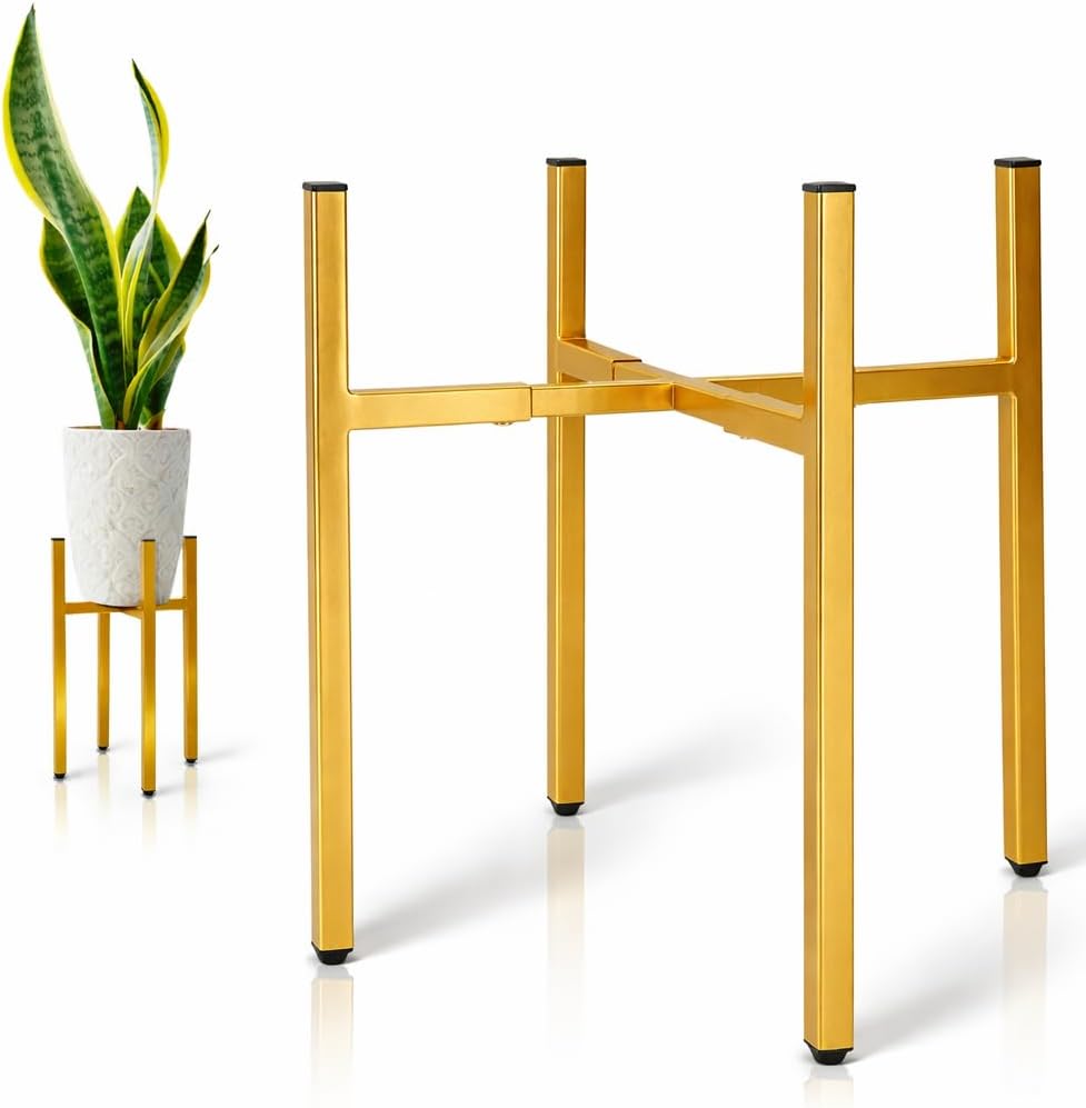 Gold Metal Plant Stand for Indoor Plants, Adjustable Heavy Duty Plant Stand Fits 8-14 Inch Pots, Modern Brass Flower Pot Holder with Anti-Scratch Feet, Mid Century Indoor Plant Stand