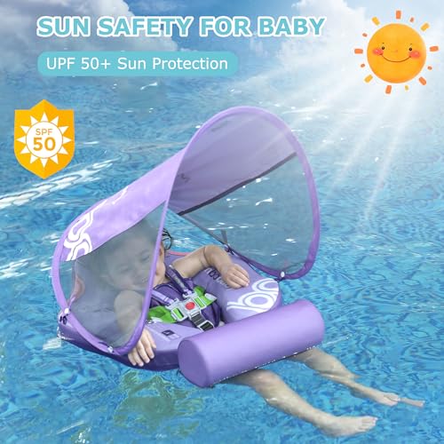 Image of Mambobaby Float Baby Float with Canopy & Tail Non-Inflatable Infant Pool Floats Adjustable Safety Strap Toddler Swim Trainer (Purple)