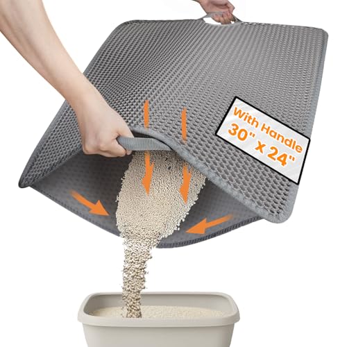 Cat Litter Mat-30'X24' Jumbo Litter Trapping Mat EVA Honeycomb,Urine & Waterproof Scatter Control Matt for Cat With Handle Design Easier To Clean, Less Waste, Soft On Paws, Gray