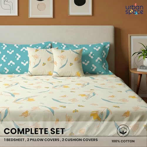Image of Urban Space 144 TC Divine 100% Cotton Bedsheet for Double Bed with 2 Pillow Covers and 2 Cushion Covers, Queen Bedsheet (Size 90 x 100 inches, Sprinkle Buttercream, Double)