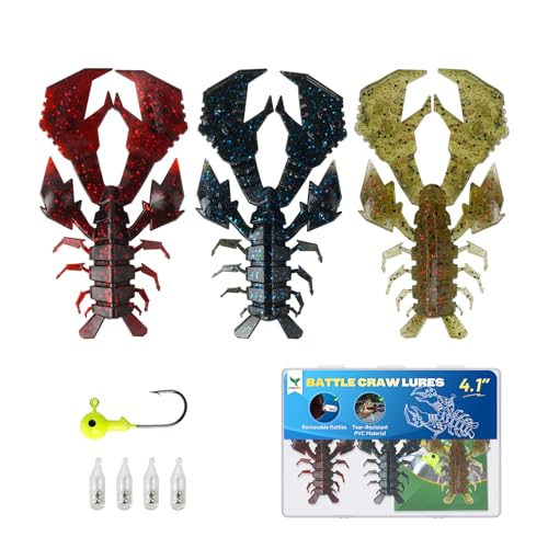 Image of Battle Craw Soft Plastic Crawfish Lures Kit with Removable Rattles | Salt Infused Creature Bait for Bass Fishing, Texas Rig & Jig Trailer Lure in Tackle Box, Realistic 1:1 Claw-to-body 4.1 /5.5in