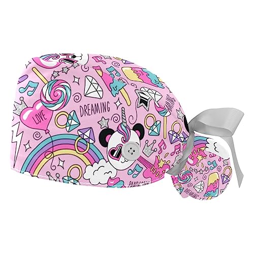 2 berretti bouffant avec bande anti-transpiration réglables motifs roses arc-en-ciel
