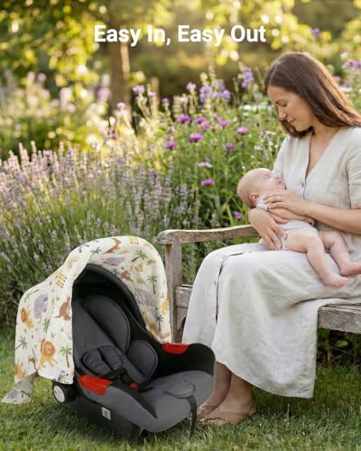 Image of Rquite Baby Boy Car Seat Cover, 100% Muslin Cotton Infant Carseat Canopy, Soft Breathable Stroller Sun Shade & Newborn Shower Gift, Large Size Universal Fit Summer, Hot & Warm Weather (Forest Animals)