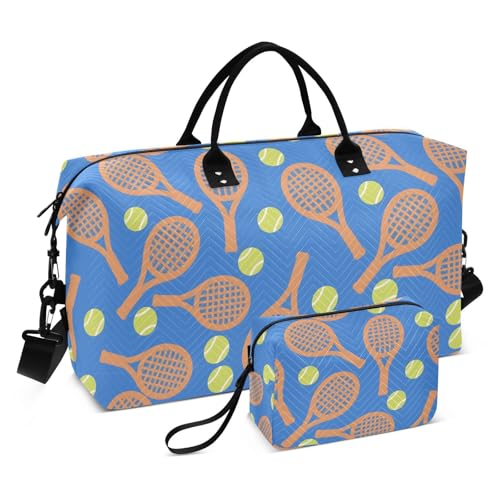 Tennis Ball Blue Large Travel Duffle Bag Weekender Overnight Bags Gym Yoga Bag for Women Men with Toiletry Bag