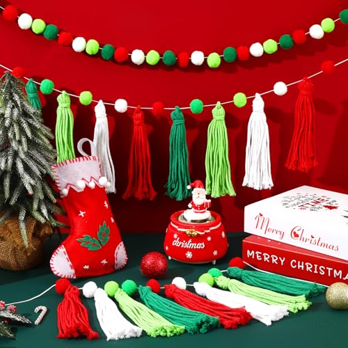 Image of MARFOREVER 4 Pack 26.3 Ft Christmas Pom Pom Garland Party Supplies Decor | Red Green White Christmas Felt Ball Garland, Xmas Tassel Garlands, Xmas Tree Holiday Home School Birthday Hanging Decoration