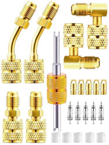 R410A Adapters Kit R410a Refrigerant Hose Adapter Brass Converter Mini Split Line Adapter Connector 5/16 to 1/4 R134A Hose Gaskets 5V1 Valve Cores for AC and HVAC System Service