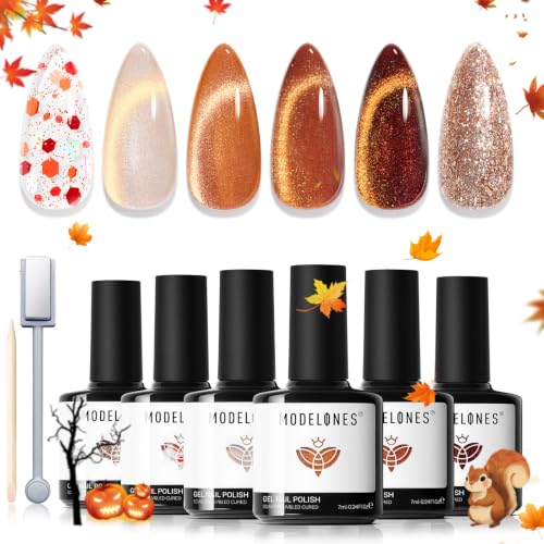 modelones Fall Cat Eye Gel Nail Polish Set, Nude Brown Yellow Burnt Orange