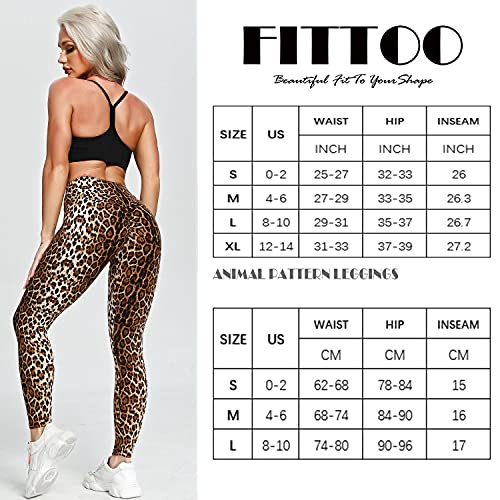 FITTOO Womens Scunch Booty Leggings Animal Texture High Waist Yoga Pants Tummy Control Workout Running Butt Lift Tights Ruched Golden Cheetah Small
