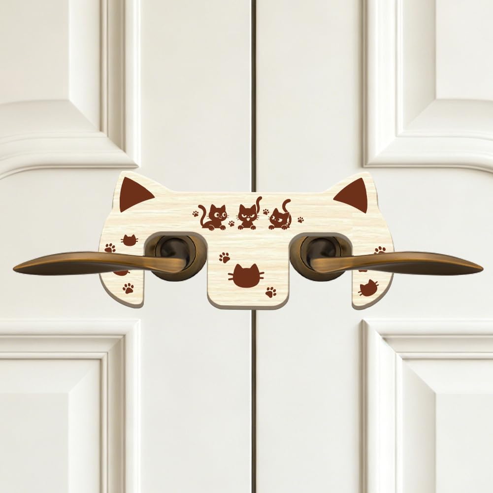 PRESSINART French Door Cat Lock 7.9 x 3.7 x 0.2 Inch Wooden Double Door Lock Cat Pattern Pywood Pet Safety Gate Accessory for Indoor Kitchens Wardrobes Living Rooms Bedrooms Bathroom Keep Pet Out — image 1