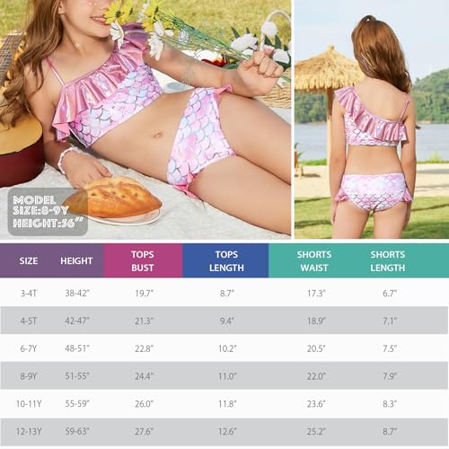 Image of CHILDRENSTAR Girls Metallic Bathing Suits Shiny Ruffles One Shoulder 2 Pieces Swimsuits Cute Bikini Set