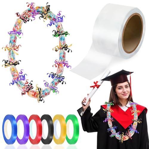 Jansun 2 Inch x 164 ft Poly Tubing Clear Graduation Candy Lei Tubing & 6 Rolls Ribbons Candy Lei Making Kit for Graduation Party Supplies