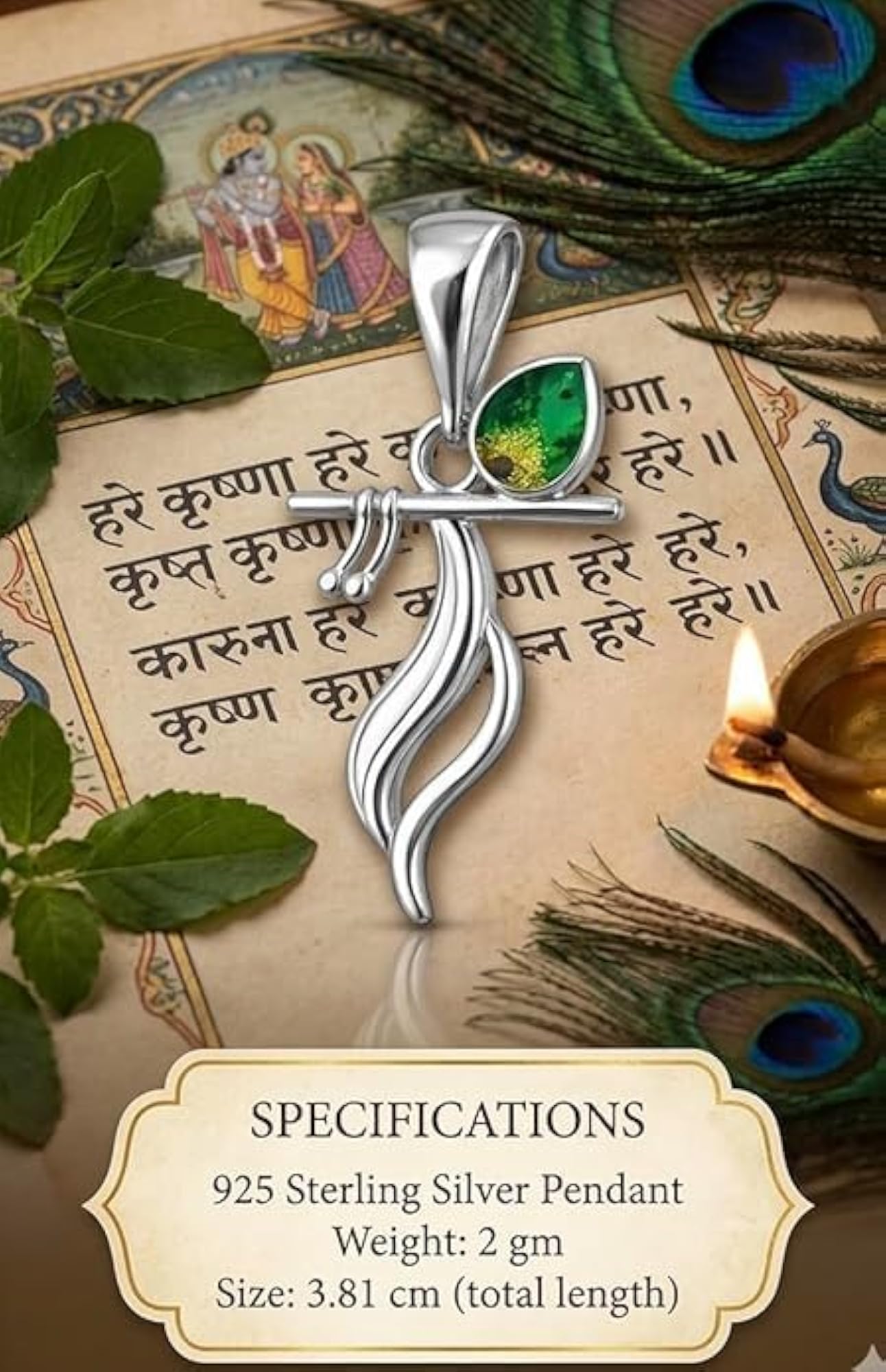 925 Sterling Silver Krishna Inspired Pendant, Bansuri & Green Stone Design