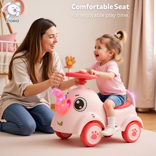 Image of Storio Elephant Baby Ride-On Car Toy with Light and Music - Pink | Push Car for Kids with Backrest & Steering, 1-3 Years