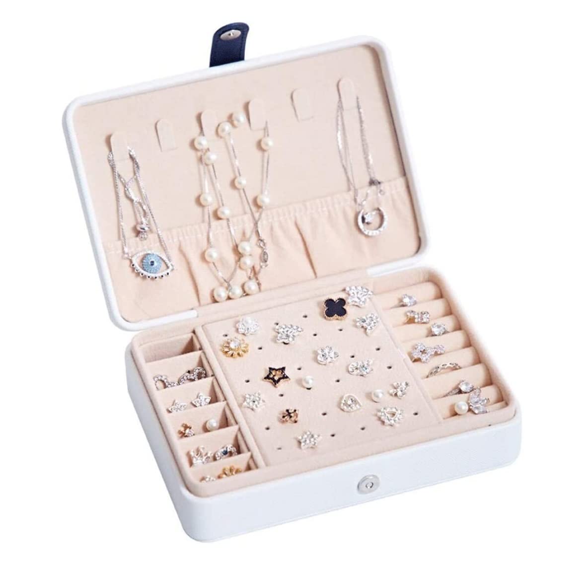 Joyero organizador – Estuche de almacenamiento portátil de cuero para anillos, aretes y collares – perfecto para accesorios de dormitorio