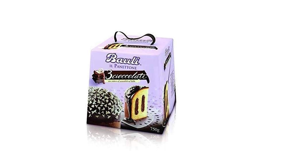 Bauli Panettone 3 Cioccolati mit Milchschokolade Creme 750g Italienisches Backprodukt Kuchen mit Schokolade bedeckt ohne Rosinen und ohne kandierte Früchte Weihnachtstradition