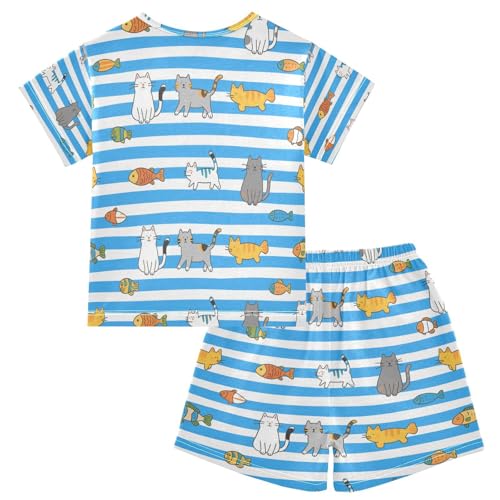 Little Boys Girls Sleepover Pajama Set Cotton 2-Piecing Cozy Pajamas for Big Girls Loungewear 12Y Blue White Striped Cat Fish pijamas de short para nino2