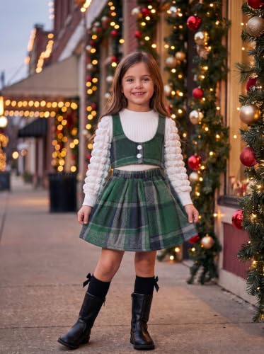 Image of Toddler Girls Fall Winter Outfits Girls Puff Sleeve Knit Ribbed Tops Button Down Vest Plaid Skirt Set Fall Clothes