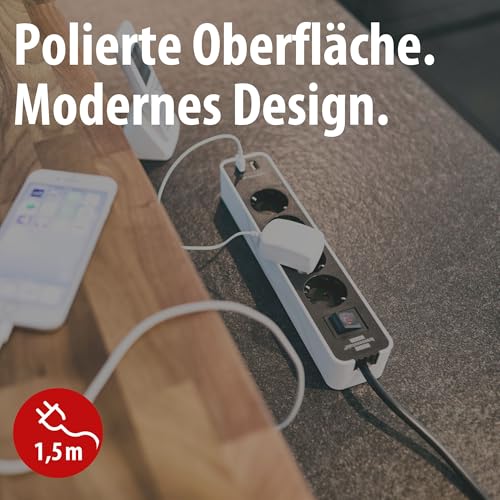 Brennenstuhl Steckdosenleiste Ecolor 4-Fach mit USB (Mehrfachstecker mit 2 USB-Ladebuchsen, Mehrfachsteckdose mit Schalter und 1,5m Kabel) weiß/schwarz