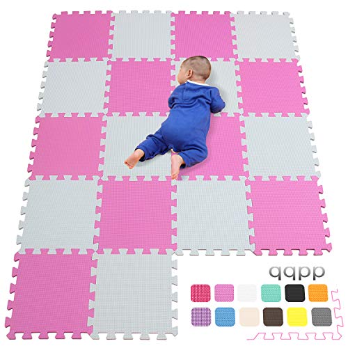 qqpp EVA Puzzle Tapis Mousse Bebe - Idéal pour Les Tapis De Jeux Enfant,18 Dalles(30*30*1cm), Blanc & Rose. QQC-ACb18N