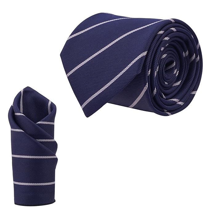 calixto Men'S Navy Blue Color Stripes Ties, Micropoly Formal Necktie With Pocket Square, Silky Feel (Pack Of 2).-picture-25