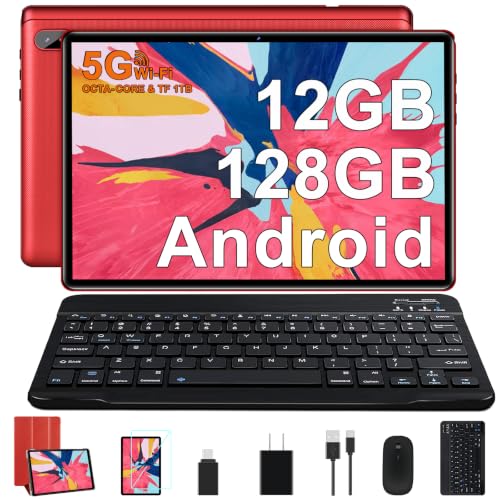 Image of Tablet 10 inch Tablet Android Octa-Core 2.0 GHz with 12GB RAM 128GB ROM TF 2TB, 5G WiFi, FHD IPS Touchscreen, BT 5.0, 1280 * 800, 5MP + 8 MP, 2026 Lastest 2 in 1 Tablet with Keyboard and Mouse - Red