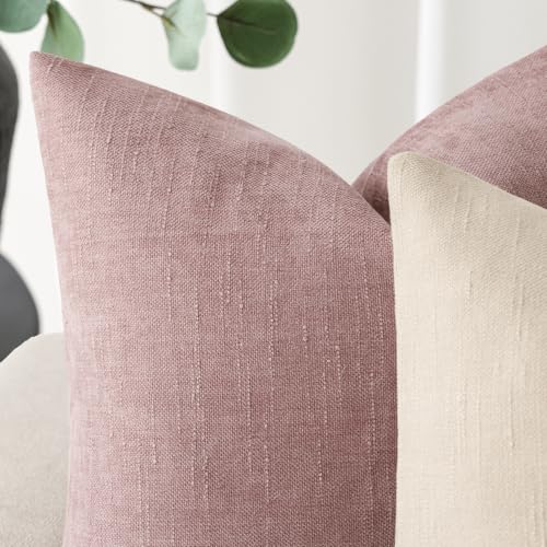 Image of Foindtower Pack of 2 Soft Textured Chenille Throw Decorative Pillow Covers Square Accent Solid Cushion Cover Cozy Neutral Farmhouse Pillow Case for Couch Sofa Bedroom Living Room 20x20 Inch,Dusty Rose