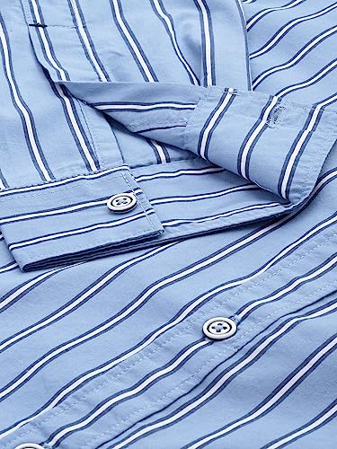 Image of Indian Garage Men's Slim Fit Casual Striped Cotton Shirt Features Cutaway Collar, Full Sleeves, one Patch Pocket, Regular Length, Curved Hem and Button Closure.