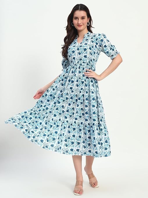 Image of PIDAVLIYA'S Women's Floral Summer Maxi Dress I Cotton Printed I One Piece Bodycon Midi Dress with V-Neck, Puffed Sleeves