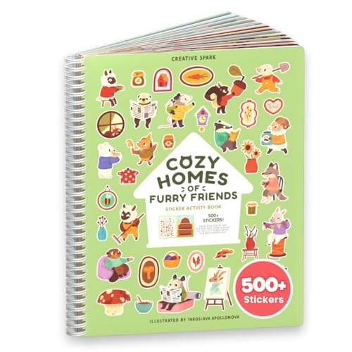 Cozy Homes of Furry Friends Sticker + Coloring Book (500+ Calendar Stickers for Kids & 12 Coloring Pages) Side by Side Activity Book, Fun Sticker Books, Boys & Girls Ages 2-4 4-8, 8-10