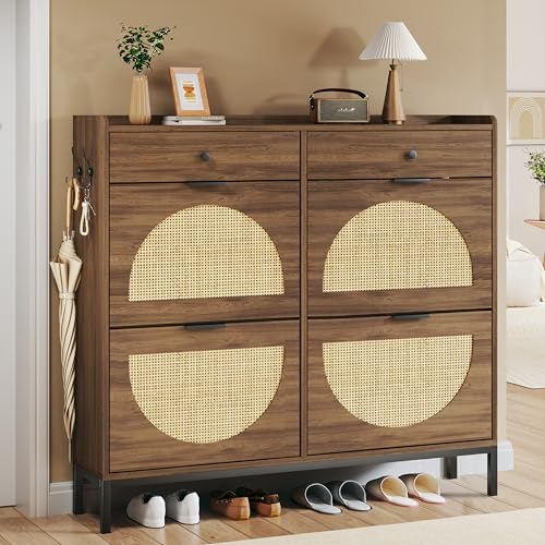 HUAHUU Rattan Shoe Cabinet with 4 Flip Drawers, Storage Cabinets with Adjustable Shelves, Narrow Shoe Cabinet with Metal Legs & Handles for Entryway, Hallway, Organizer, Rustic Oak Rattan