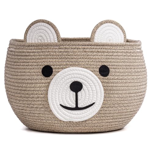 Image of CherryNow Baby Basket for Nursery, Bear Gift Baskets for Kids, Baby Shower Basket with Handles, Small Cute Animal Baskets, Light Brown, 15.7" D x 10.5" H