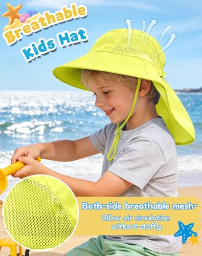 Image of Rosoz Kids Sun Hat with Neck Flap UV Protection Summer Toddler Beach Hat Unisex Ponytail Hat Wide Brim Fishing Hat