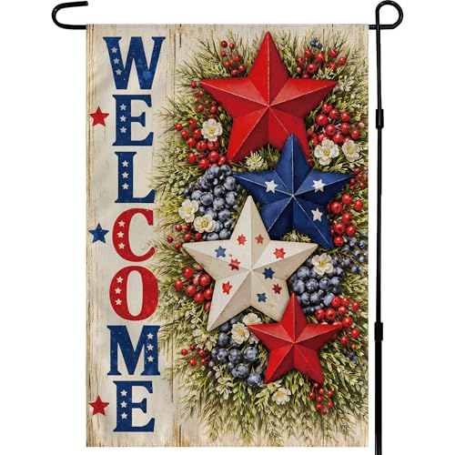 4th of July Decorations - Patriotic Stars Welcome Garden Flag | Double Sided Fourth of July Accessories Patriotic Banner | 250 Anniversary USA Merchandise for Garden Yard Porch Patio Lawn Outdoor Outside Decor