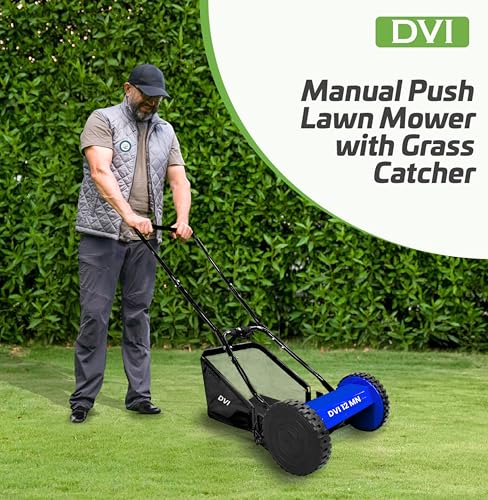 Image of DVI Manual Push Lawn Mower with 25L Premium Grass Catcher | 12-Inch Reel Push Grass Cutter Machine with 5-Position Height Adjustment with 5 Steel Resharpable Blades for Home, Garden and Yard.