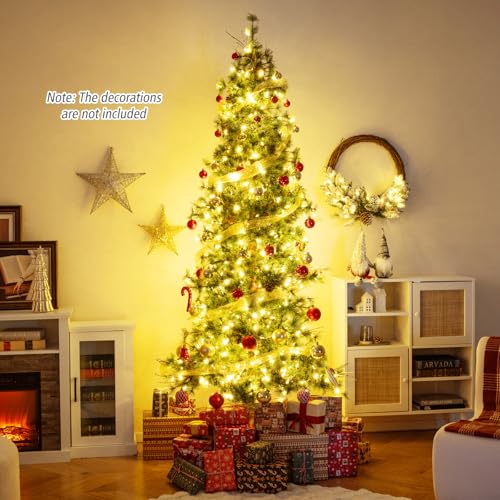 Image of Goplus 8 FT Pre-Lit Artificial Christmas Tree, Cashmere Xmas Tree with 702 Pine Needles, 400 Warm White LED Lights with Bulb Cover, Natural Pine Cones, Foldable Metal Stand, Home Office Decoration