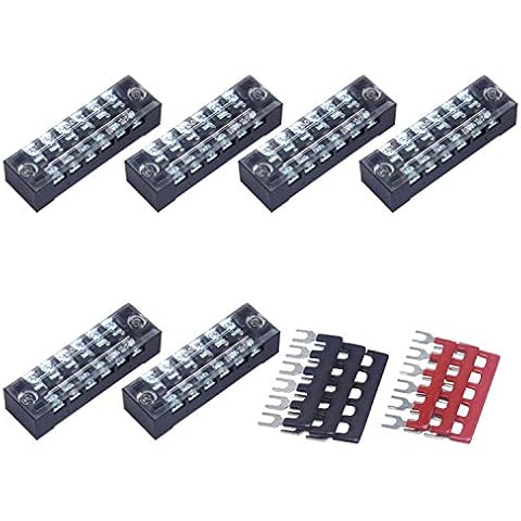 CEEYSEE12pcs(6 Sets) 6 Positions Dual Rows Covered Screw Terminal Block 600V 15A + 6Pcs 6 Positions Pre-Insulated Black/Red Fork Terminal Barrier Strip 400V 15A (TB1506) Cover