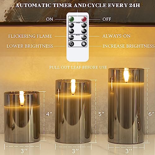 Image of LUSHARBOR LUSHABOR Flameless Candles with Remote, 3 Pack Glass Battery Operated Candles with Timer, Real Wax Glass LED Candles Flickering Wedding Home Party Christmas D3 H4 5 inch 6 inch Grey