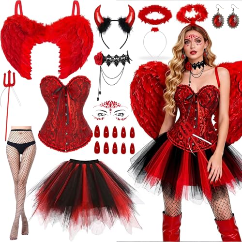Teufel Kostüm Damen Rot – Sexy Teufel Set mit Korsett Tüllrock Teufel Flügel Rot Teufelshörner Dreizack Strümpfe Engel und Teufel Kostüm Damen...